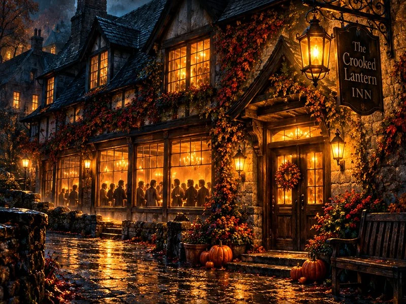 Lantern light spills from the Crooked Lantern Inn onto a rain-darkened street